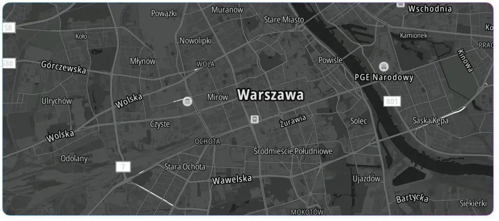 Mapa Warszawy w Google z drogami i ulicami w czerni i bieli.